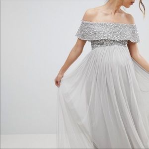 Silver and gray Maya Bardot ASOS maternity dress